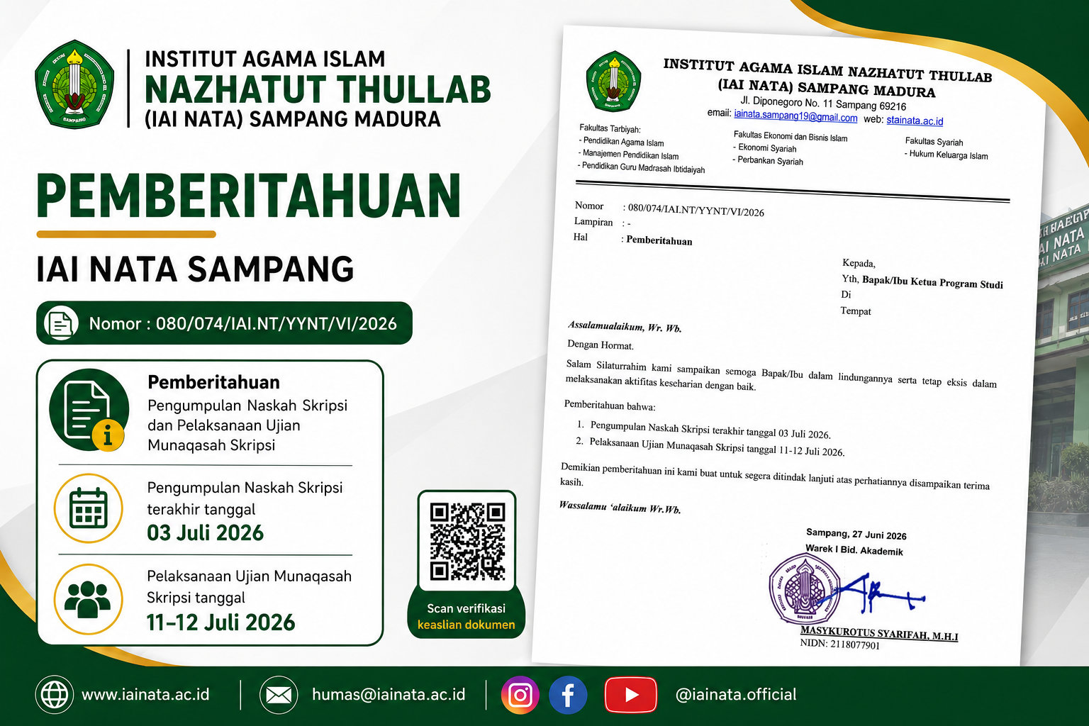 Pemberitahuan Pengumpulan Naskah Skripsi& Ujian Munaqasah Skripsi Tahun Akademik 2026